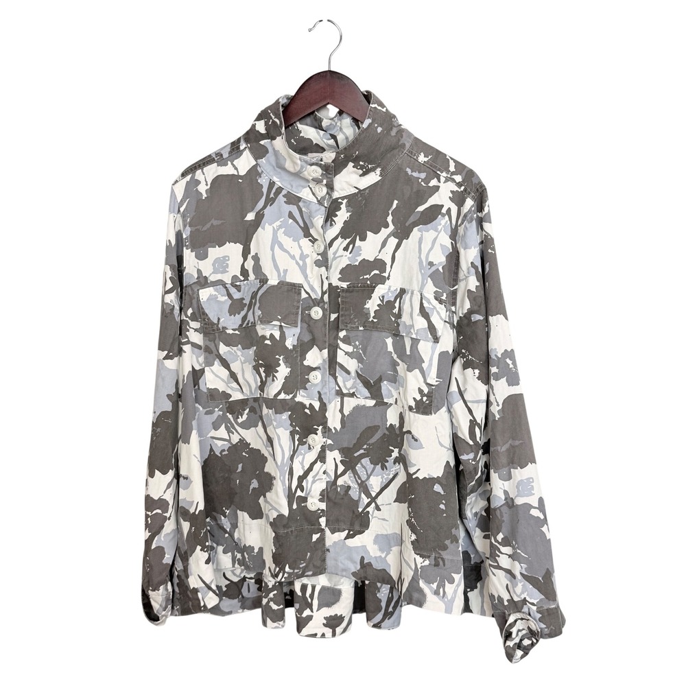 Laurie Felt Camo Floral Tencel Utility Shacket 22W Grey White Mock Neck High Low